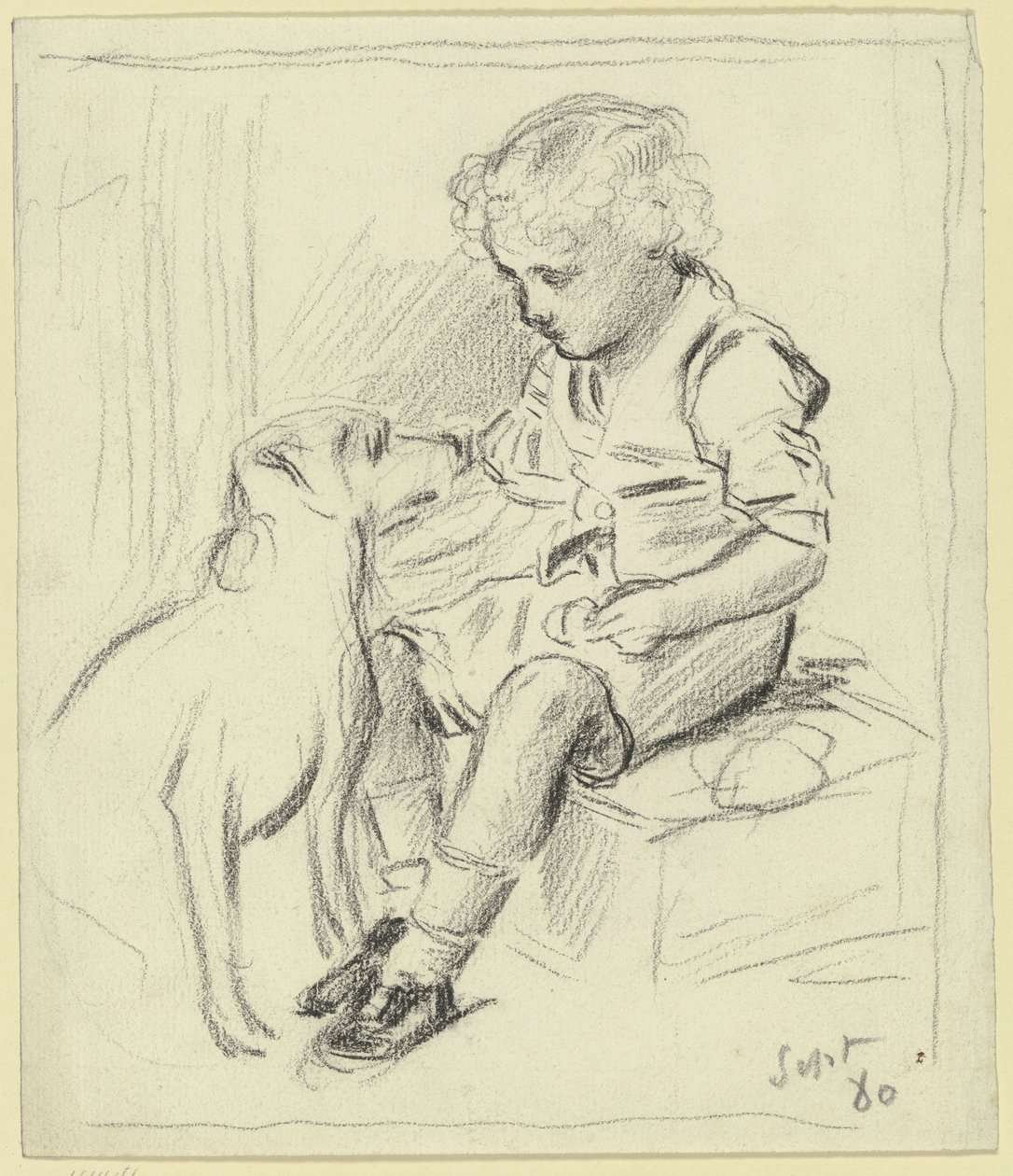 Sitzender Junge mit sitzendem Hund von Otto Scholderer