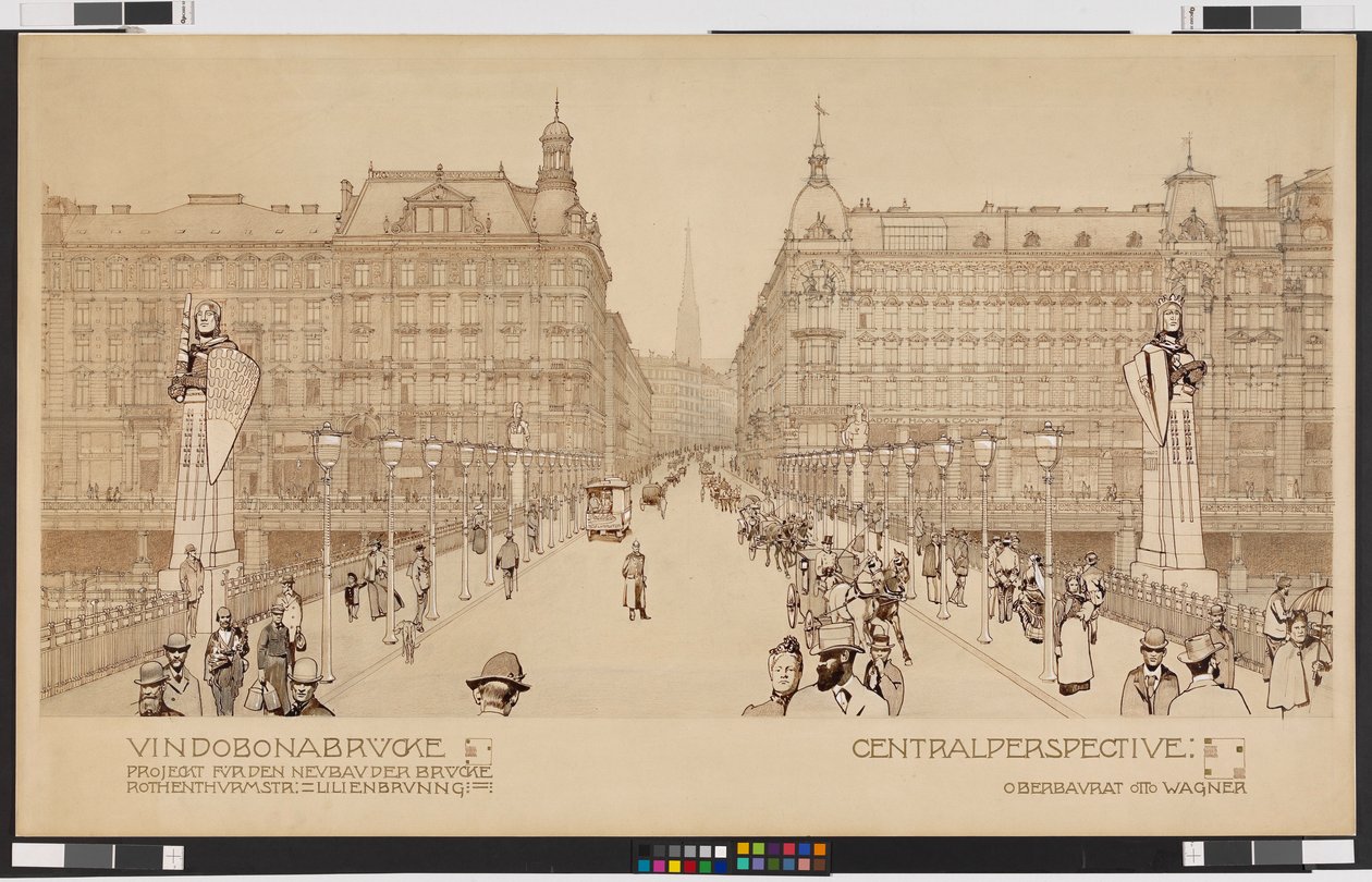 Vindobonabrücke / Projekt für den Neubau der Brücke Rothenthurmstraße - Lilienbrunngasse. Zentralperspektive von Otto Wagner