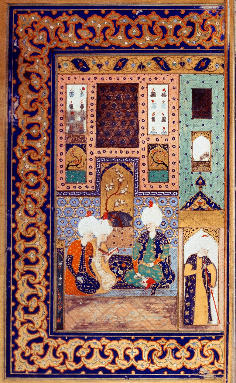 Osmanisches Reich: Darstellung von Sultan Selim I, genannt der Schreckliche, begleitet von zwei seiner Untertanen, Miniatur aus dem Divan, 16. Jahrhundert, Istanbul, Universitätsbibliothek von Ottoman School