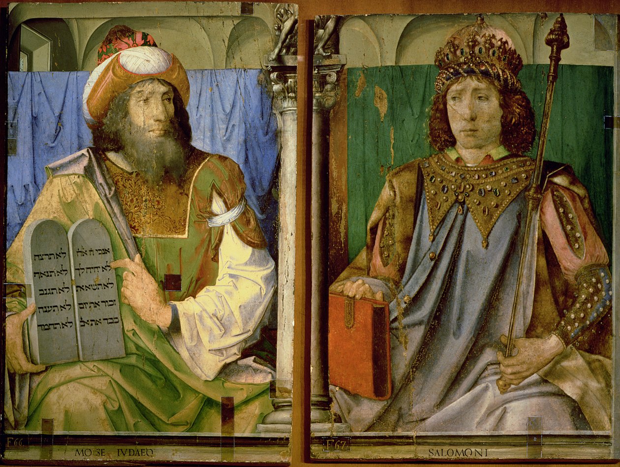 Moses mit den Zehn Geboten und Salomo, aus einer Serie von Porträts berühmter Männer von P. Joos van Gent and Berruguete