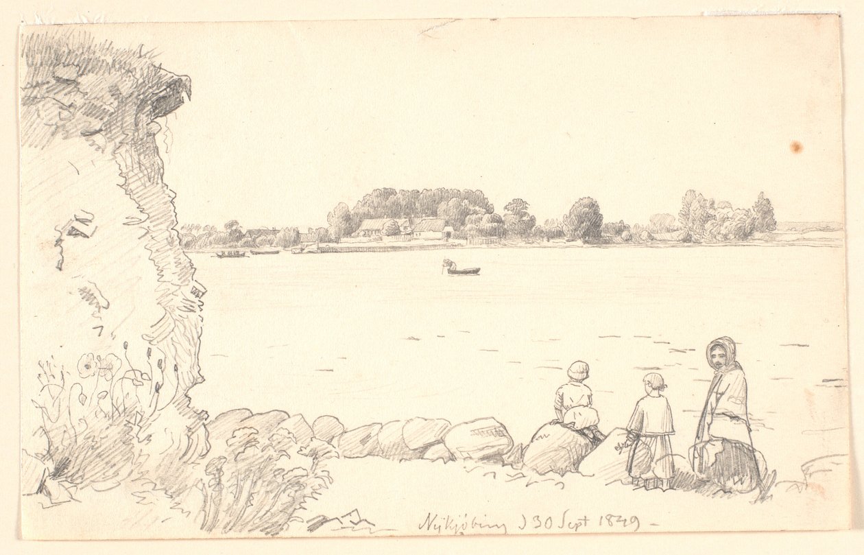 Eine Dame und zwei Kinder bei Guldborg Sund. Nykøbing Falster. von P.C. Skovgaard