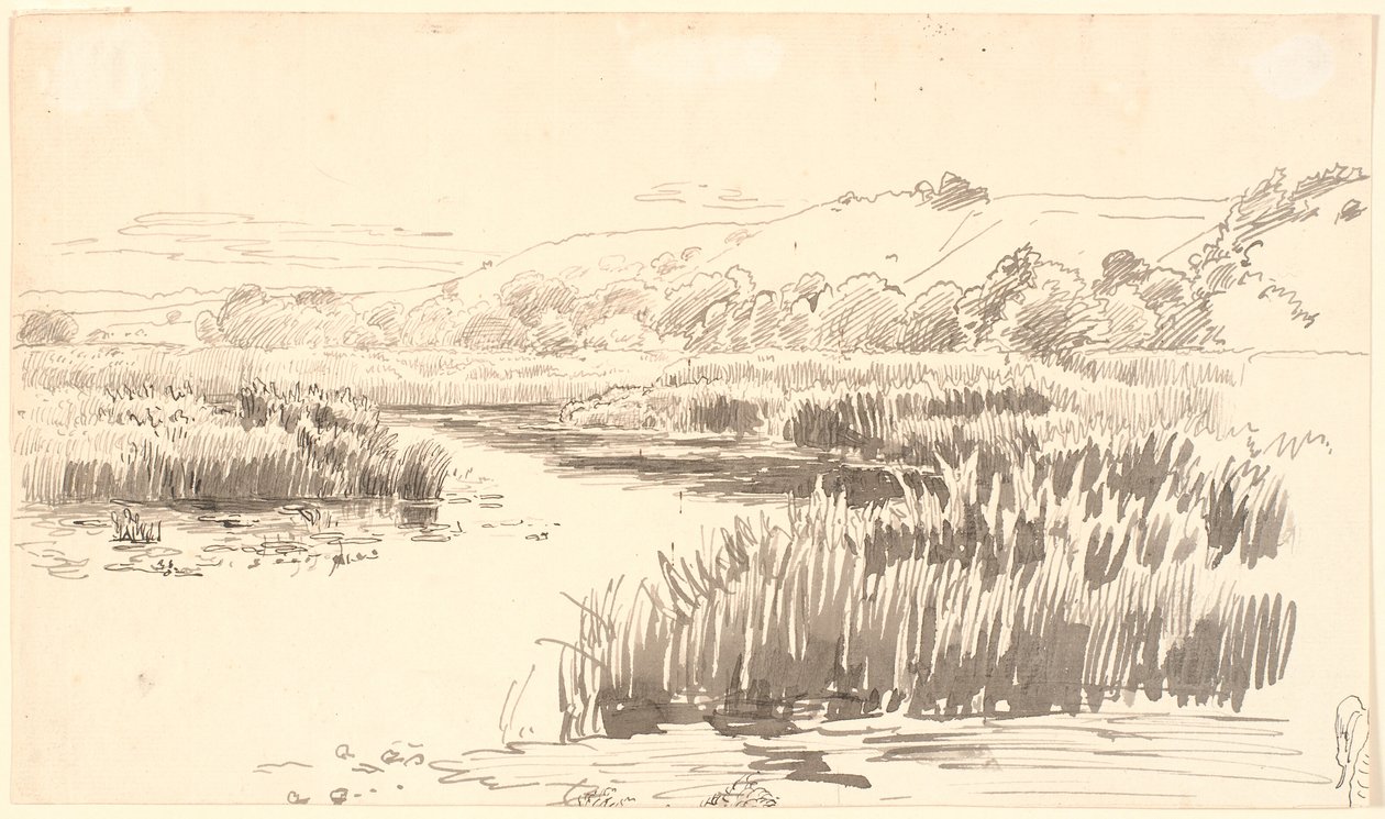 Landschaft mit einem Fluss, an dessen Ufer hohe Schilfrohre wachsen. Hügel im Hintergrund. Vermutlich Vejle von P.C. Skovgaard