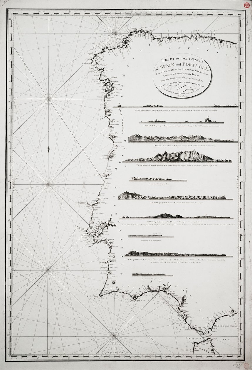 Karte der Küsten von Spanien und Portugal, von Kap Pinas bis zur Straße von Gibraltar, konstruiert und sorgfältig gezeichnet nach den neuesten Beobachtungen der Offiziere der französischen und spanischen Marine von P. Steel