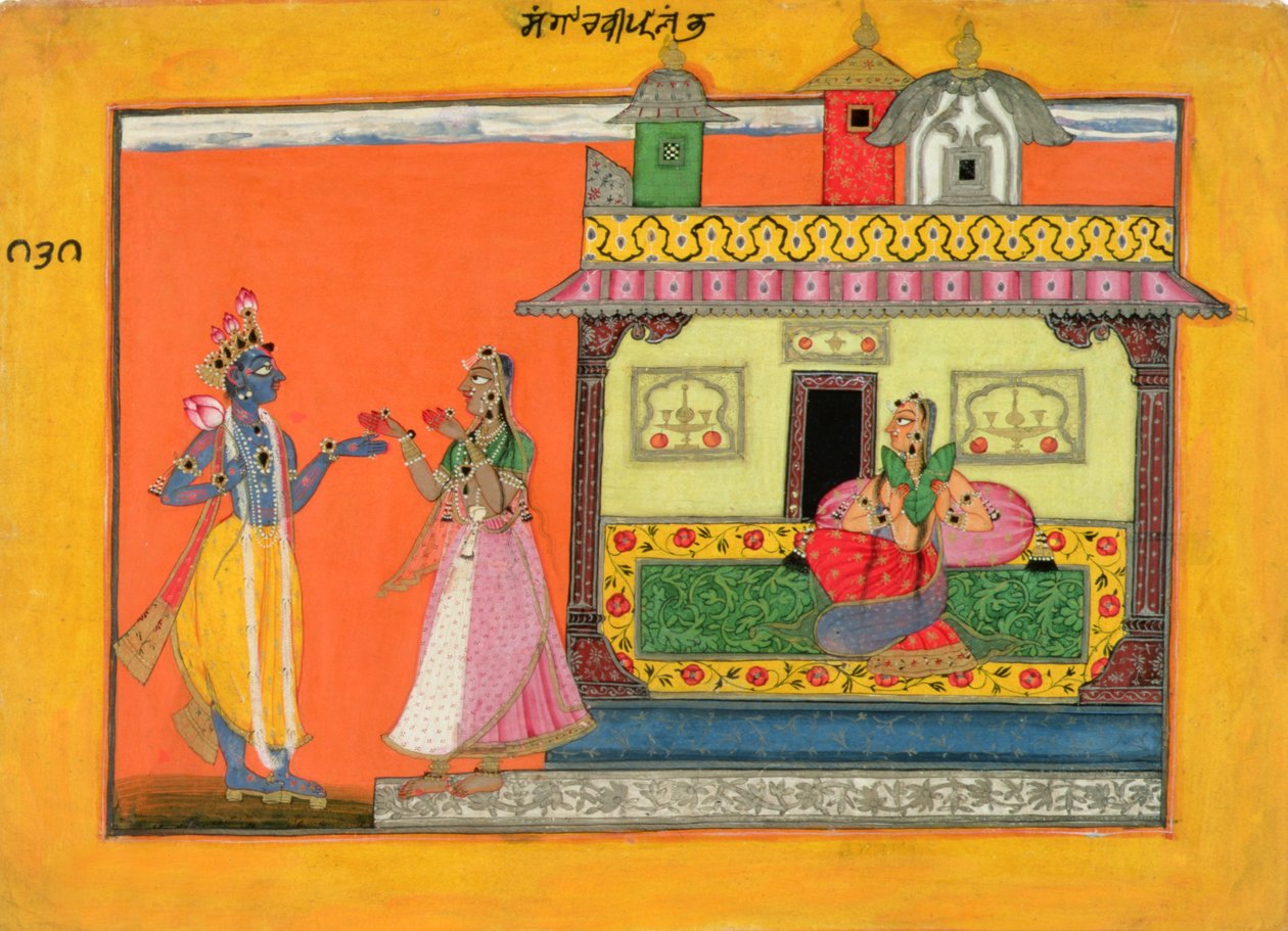 Krishna kommt im Haus von Radha an, Illustration aus einem Manuskript des Rasamanjari von Bhanudatta, Basholi-Stil, ca. 1660-70 von Pahari School