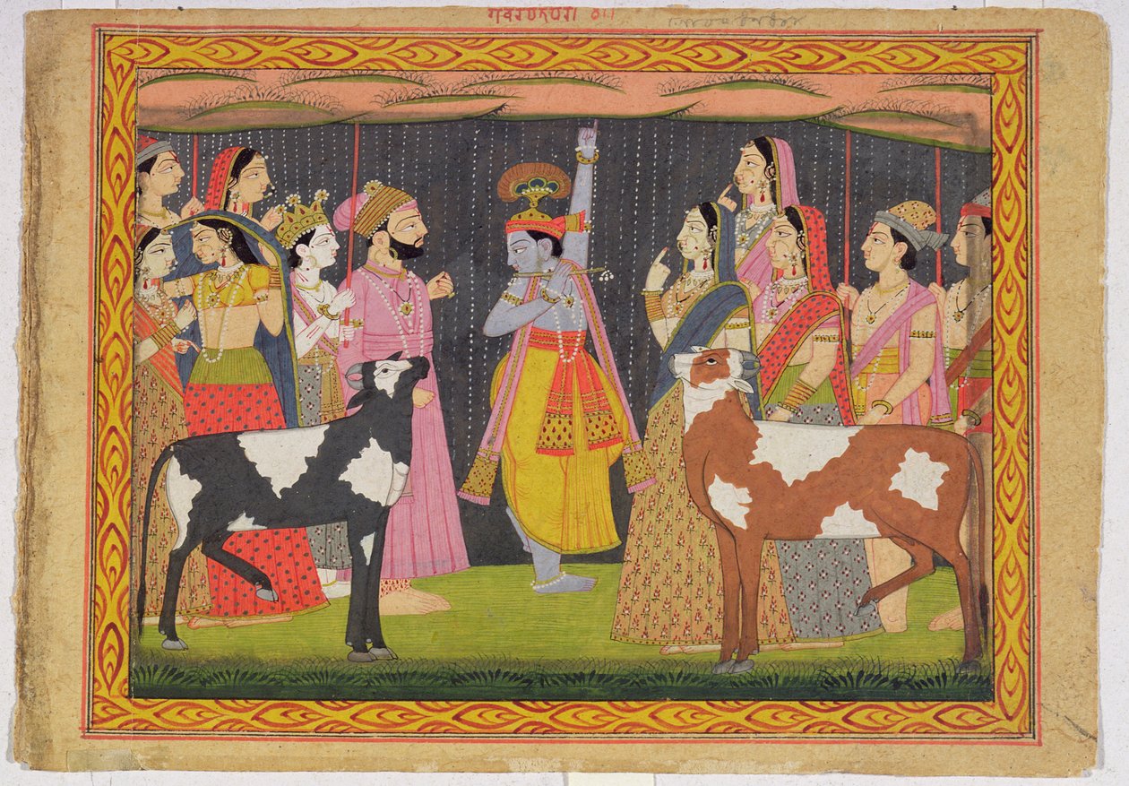 Krishna hebt den Berg Govardhana, aus dem Bhagavata Purana, Kulu, Himachal Pradesh, 1749 von Pahari School