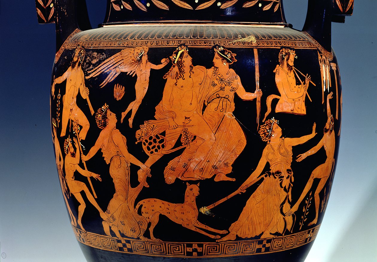 Attischer rotfiguriger Volutenkrater (Detail einer Szene von Schauspielern und Musikern, die sich auf eine Aufführung vorbereiten), griechisch, aus Ruvo, 5. Jahrhundert v. Chr. von Painter Pronomos