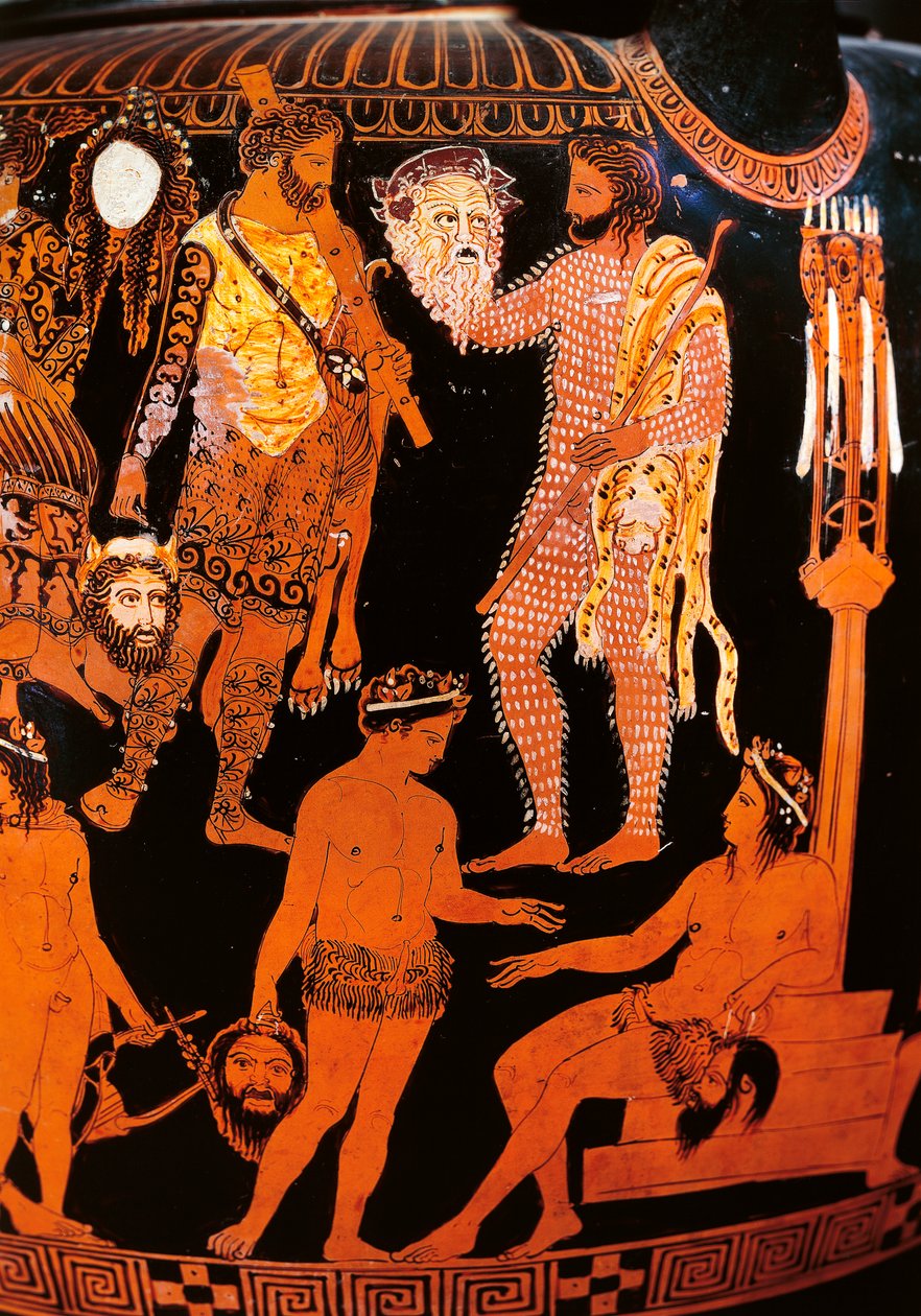 Rotfiguriger Volutenkrater mit einem Schauspieler, der seine Maske hält, aus Ruvo, ca. 410 v. Chr. von Painter Pronomos