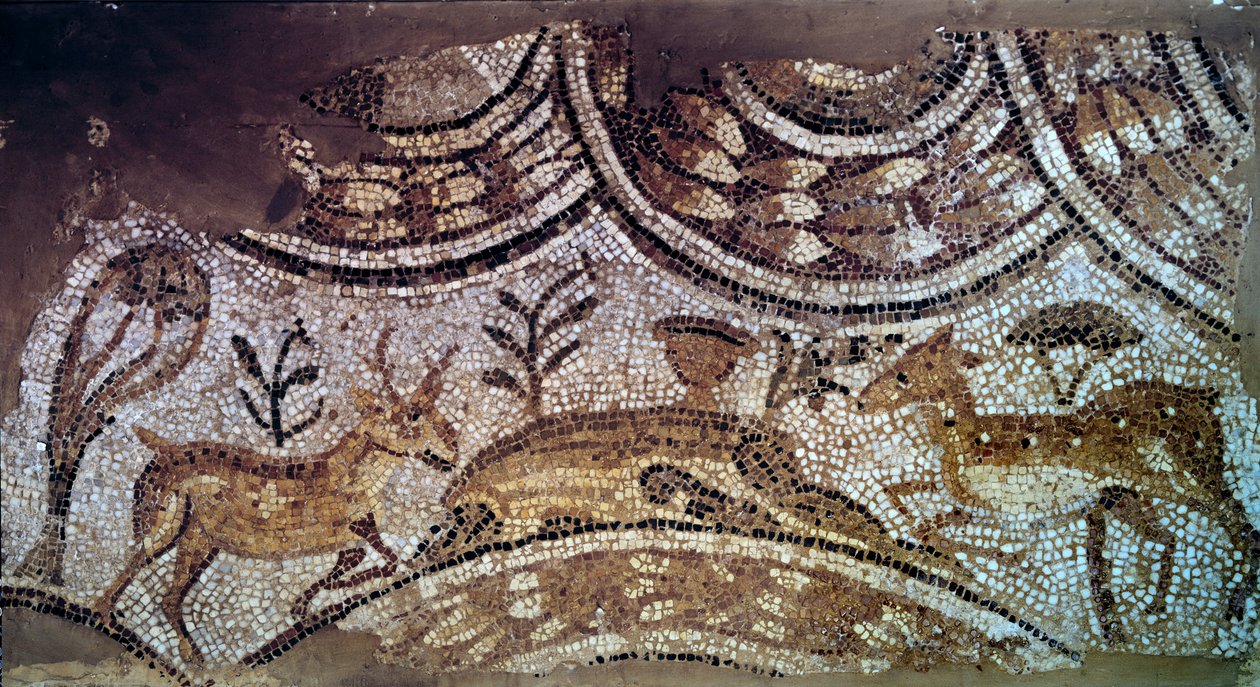 Paleochristliche Kunst: Fragment von Kirchenmosaiken: Hirsche trinken Wasser von Paleo Christian