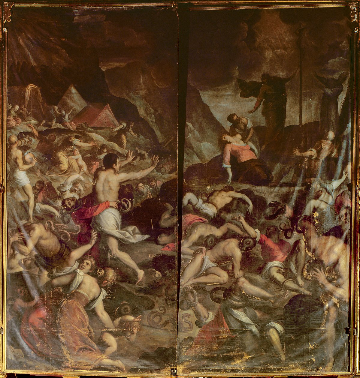Zwei Orgelpfeifen-Türen, die die feurigen Schlangen darstellen, die das Lager von Moses nach dem Tod Aarons befallen, 1600 von Palma Il Giovane