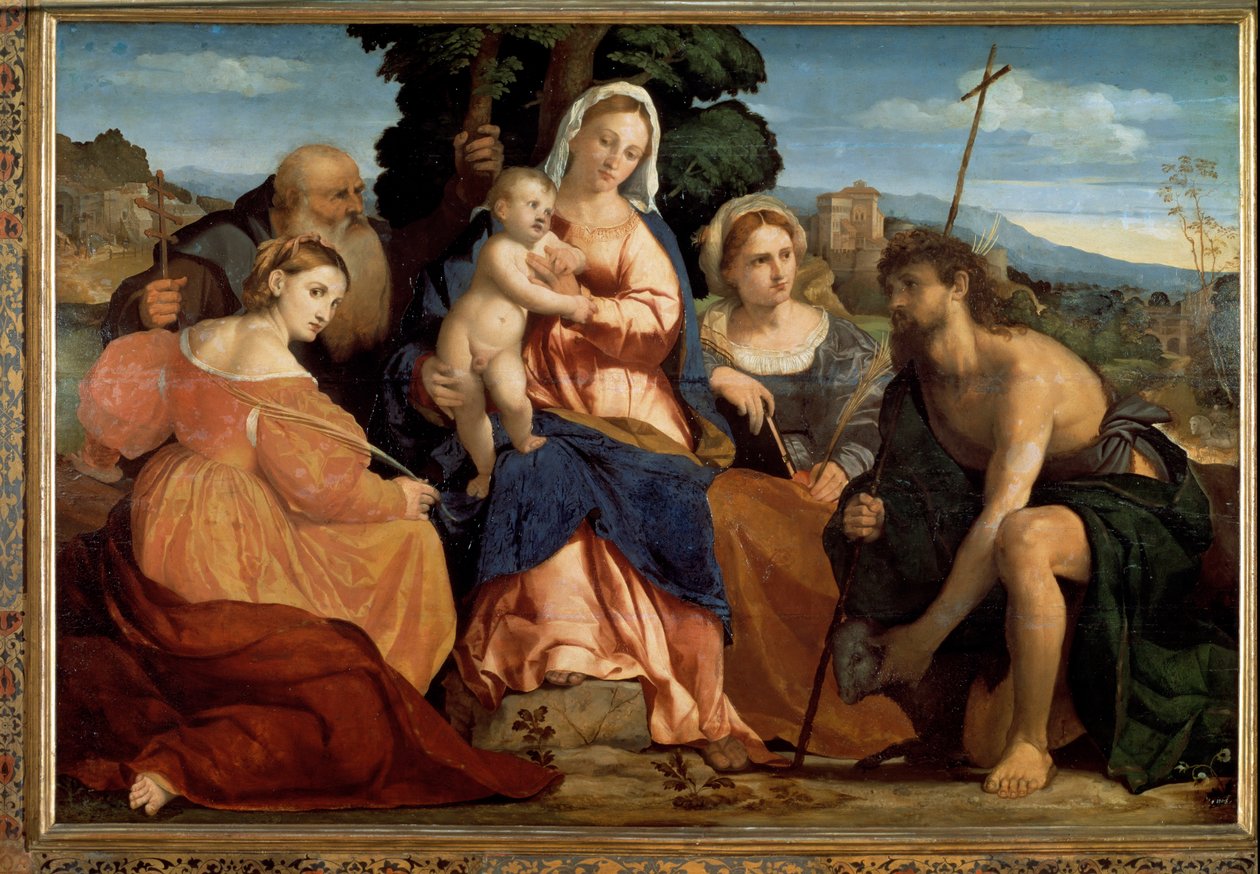 Jungfrau mit Kind mit St. Katharina und St. Celestine (links) und Johannes dem Täufer und Barbara (rechts) von Palma Il Giovane