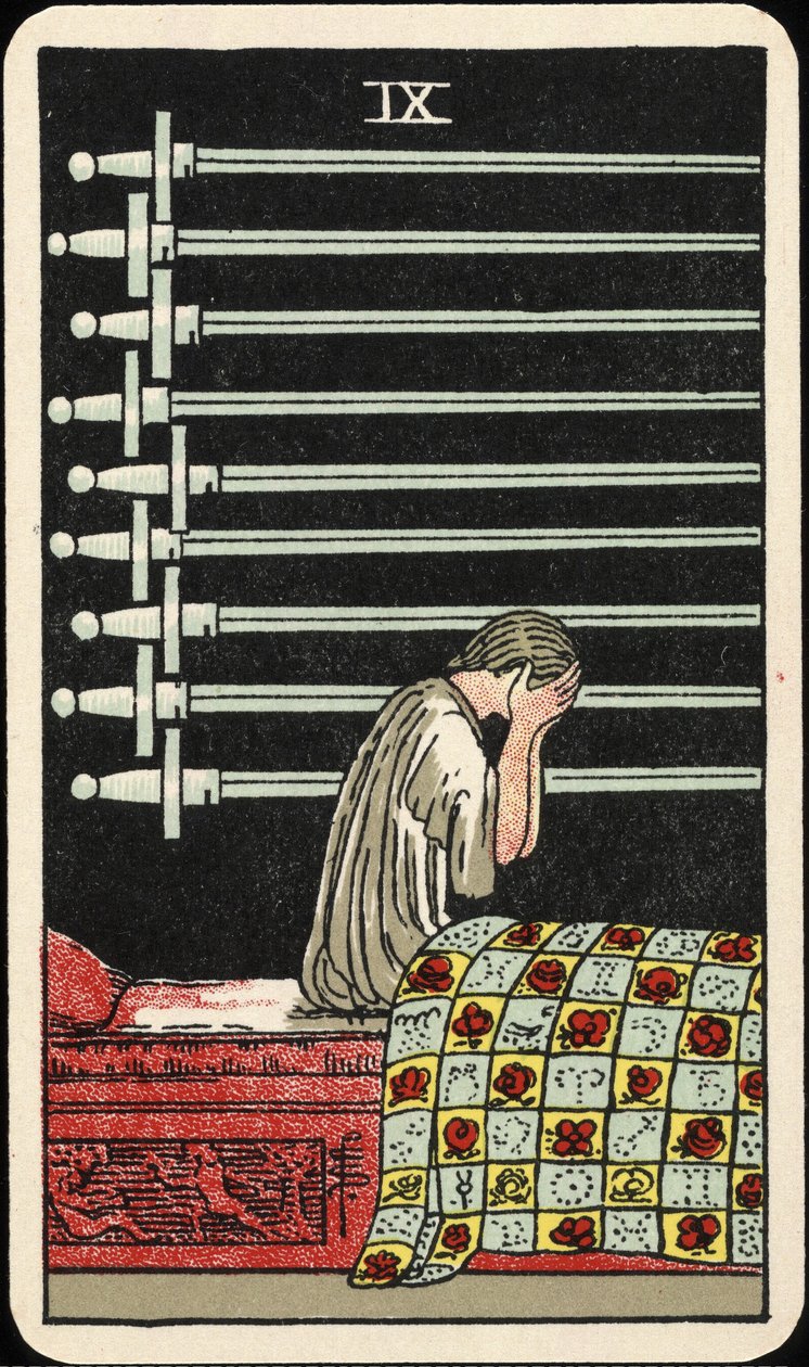 Neun der Schwerter, Tarotkarte, ca. 1937 von Pamela Colman Smith