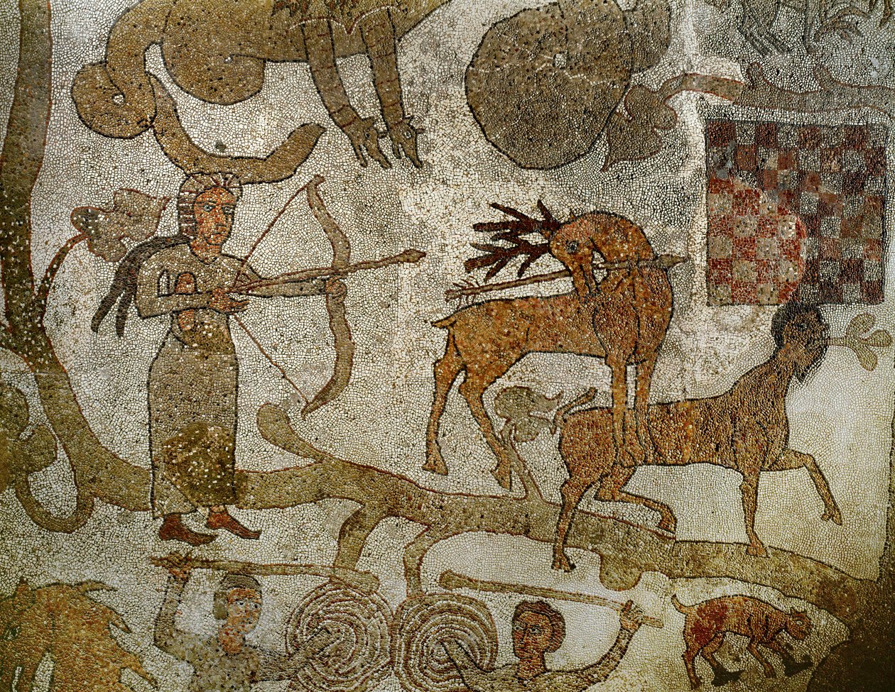 Die Göttin Diana tötet einen Hirsch; aus dem Mosaikboden der Kathedrale von Otranto, Süditalien von Pantaleone Pantaleone
