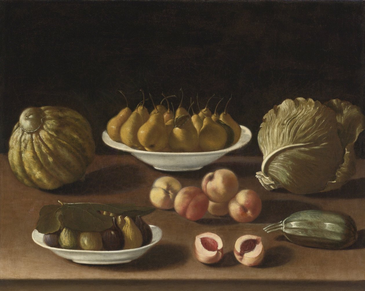 Stillleben mit Birnen, Pfirsichen, Feigen, einer Melone, Kohl und Mark von Paolo Antonio Barbieri