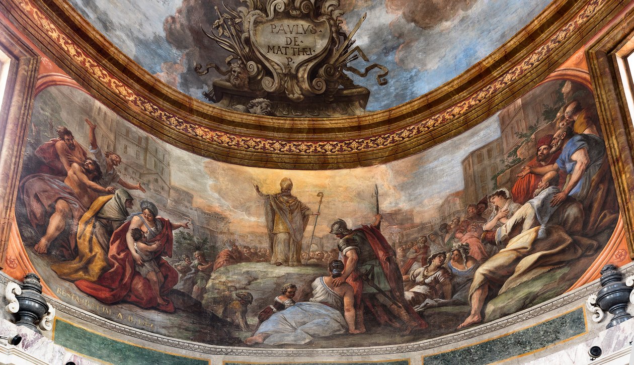 Fresken von Paolo de Matteis aus dem Jahr 1714 an der Decke und am Trommel, die das Leben des Heiligen darstellen, Kapelle von San Cataldo in der Kathedrale, Taranto, Italien von Paolo di Matteis