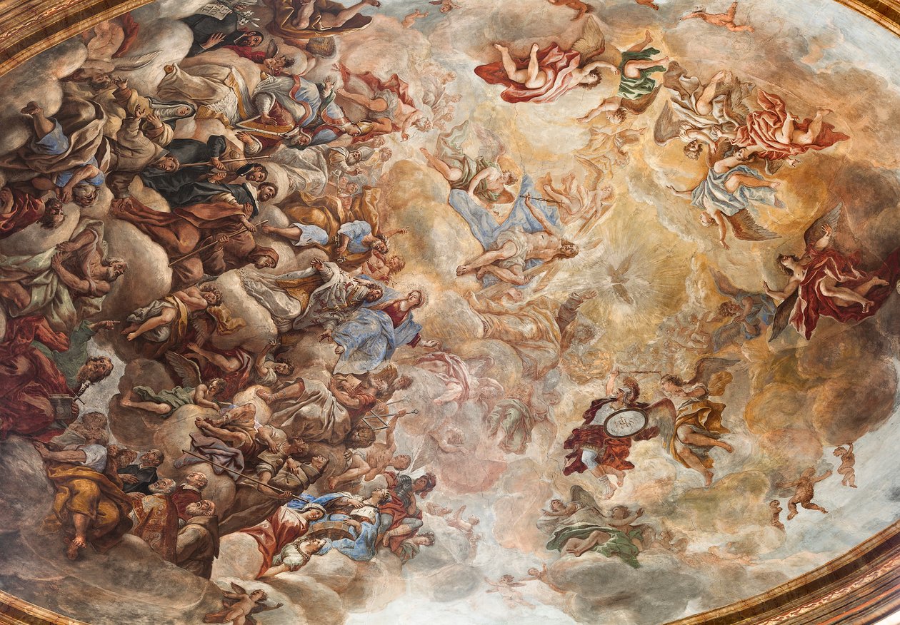 Fresken von Paolo de Matteis aus dem Jahr 1714 an der Decke und der Trommel, die das Leben des Heiligen darstellen, Kapelle von San Cataldo in der Kathedrale, Taranto, Italien von Paolo di Matteis