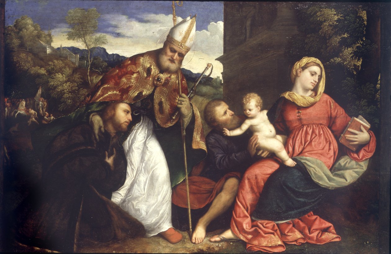 Heilige Familie mit St. Ambrosius, der einen Stifter präsentiert von Paris Bordone