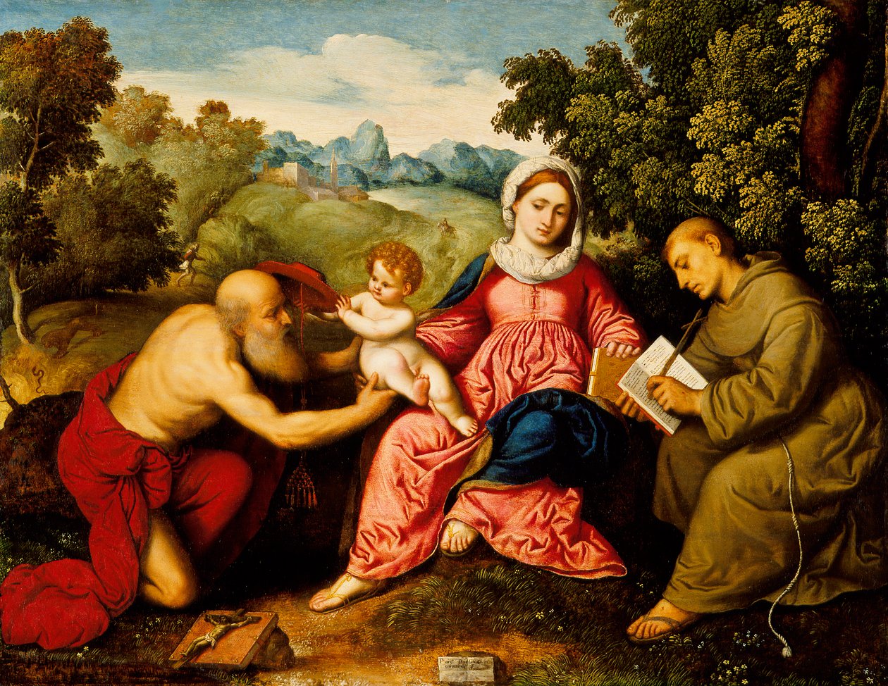 Madonna und Kind mit den Heiligen Hieronymus und Franziskus, ca. 1525 von Paris Bordone