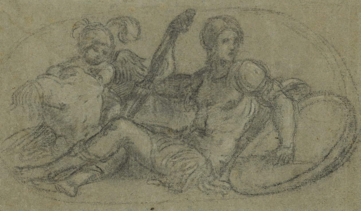 Sitzende männliche Figur mit Putto und Rüstung von Paris Bordone