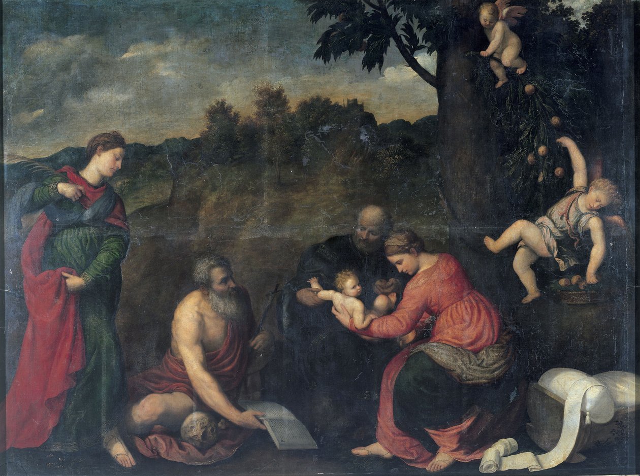 Die Heilige Familie mit den Heiligen Hieronymus, Katharina von Alexandria und Engeln von Paris Bordone