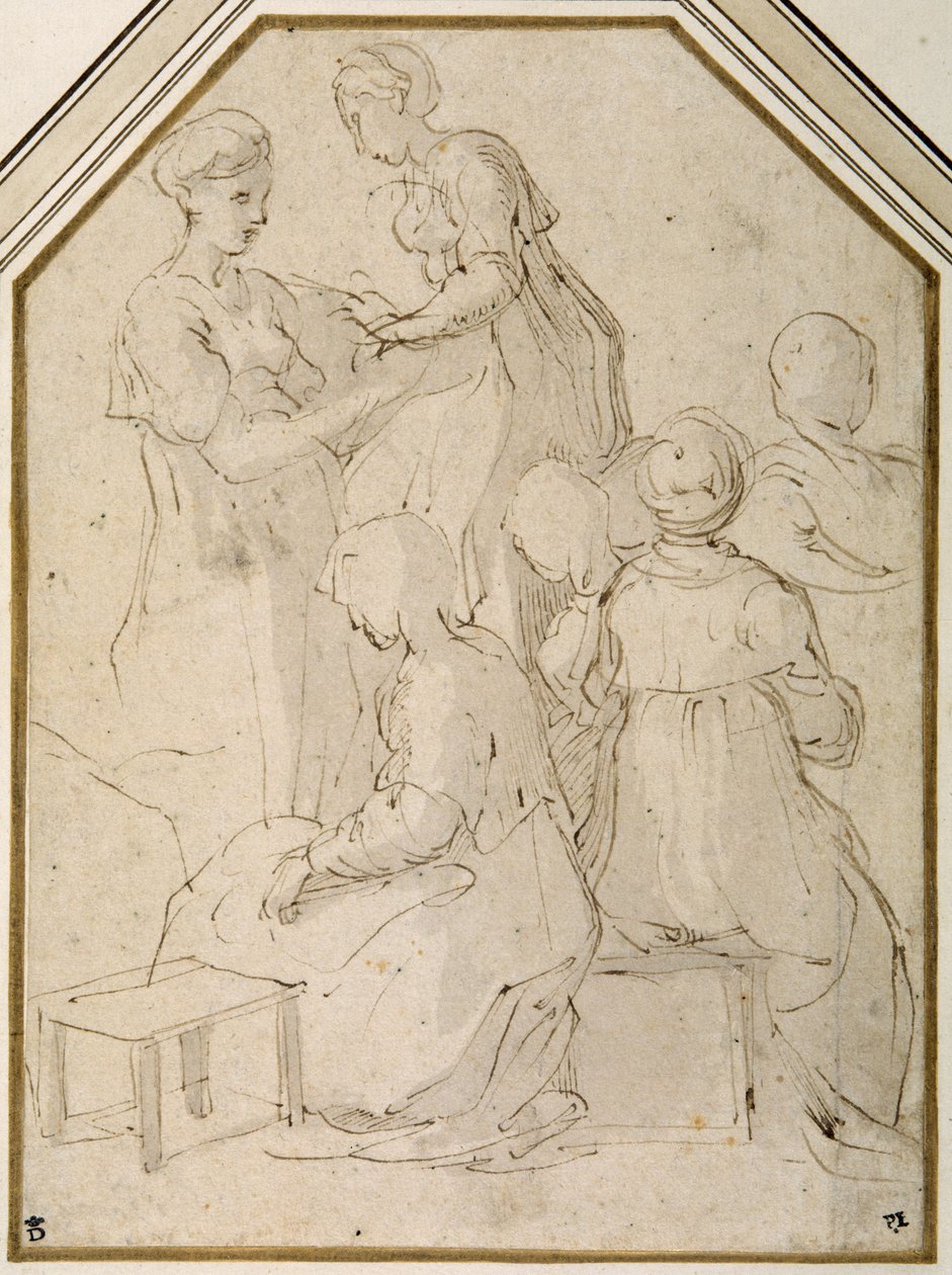 Hausgruppe, zwei stehende Frauen und vier sitzende von Parmigianino