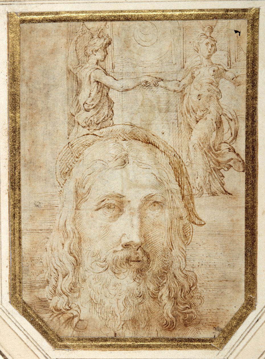 Selbstporträt, überlagert auf Vorstudien für zwei Canephori der Steccata von Parmigianino