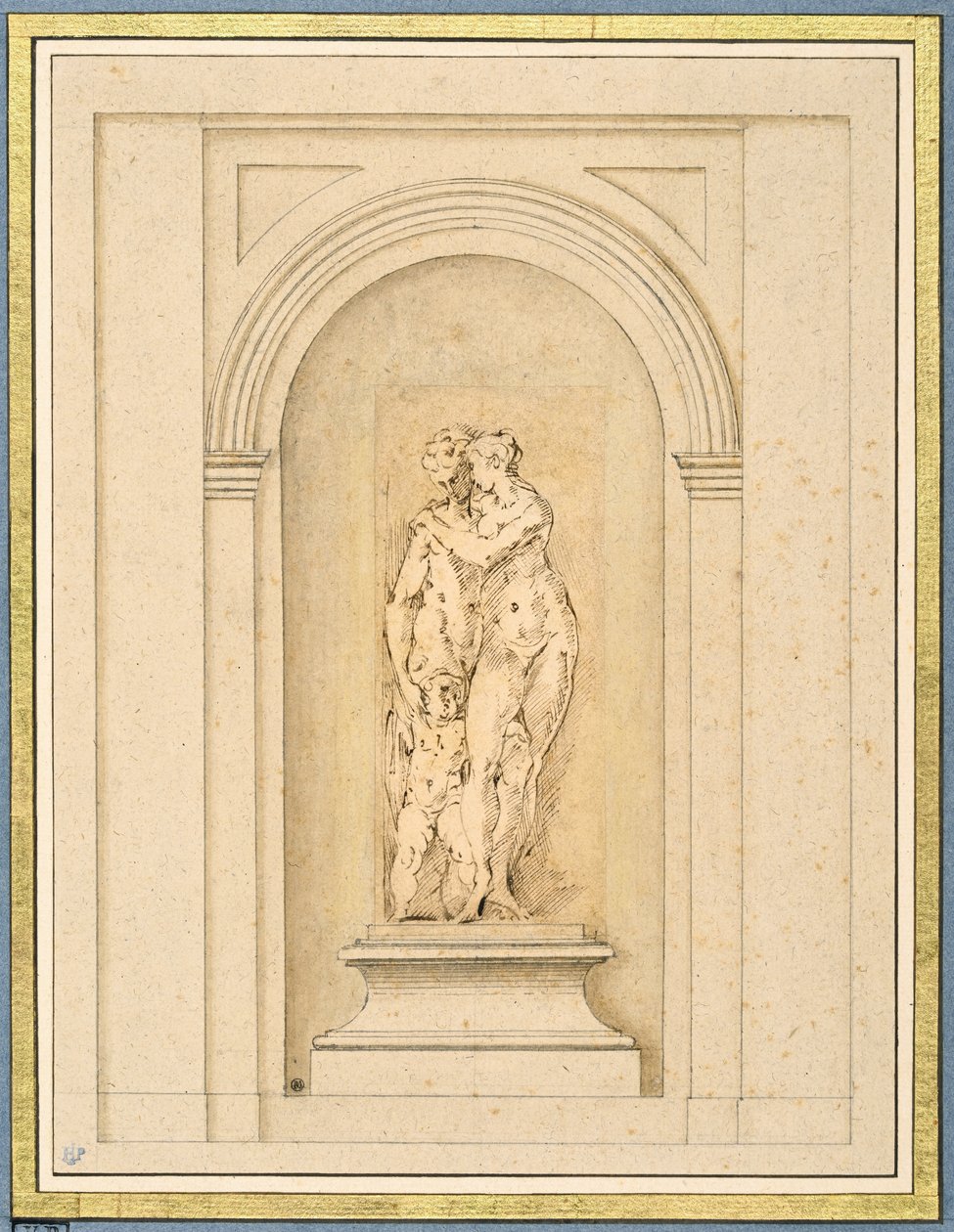 Zwei Figuren und ein Amor umgeben von einem späteren architektonischen Rahmen von Parmigianino