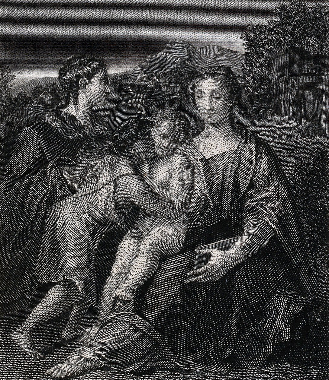 Heilige Maria (die gesegnete Jungfrau) mit dem Christuskind, Johannes dem Täufer und Maria Magdalena. Gravur nach G.F.M. Mazzola, il Parmigianino. von Parmigianino