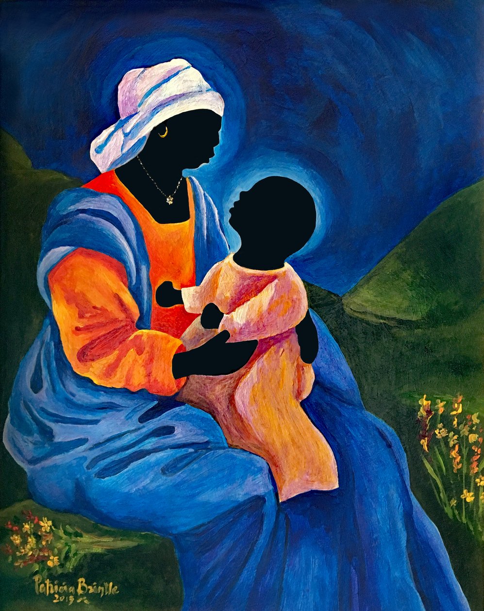 Madonna und Kind pflücken Blumen, 2018 von Patricia Brintle
