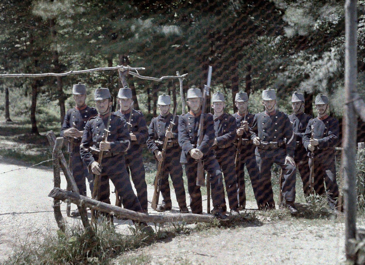 Eine Gruppe Schweizer Grenzwächter hinter einem Zaun zwischen der Schweiz und Frankreich, Département Haut-Rhin, Elsass, Frankreich, 19. Juni 1917 von Paul Castelnau