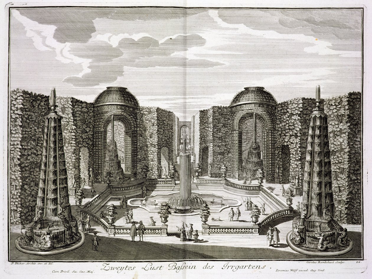 Der Brunnen im Labyrinth des Fürstlichen Lustschlosses und Gartens, Berlin, graviert von Karl Remshard, veröffentlicht ca. 1711-16 von Paul Decker