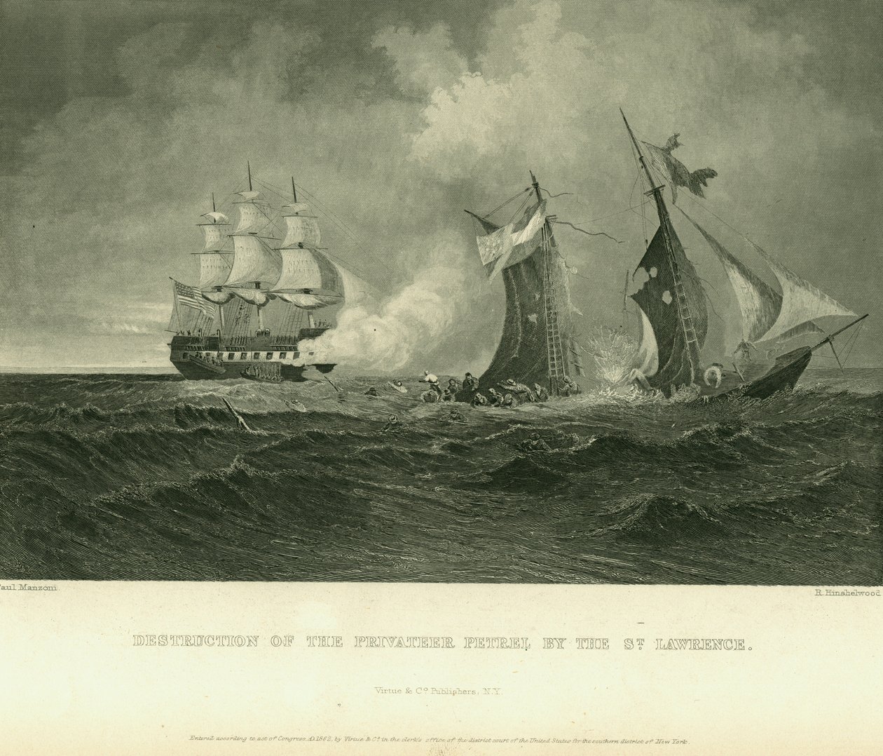 Druck eines sinkenden Schiffes mit mehreren Seeleuten im Vordergrund im Wasser von Paul Manzoni and R. Hinshelwood