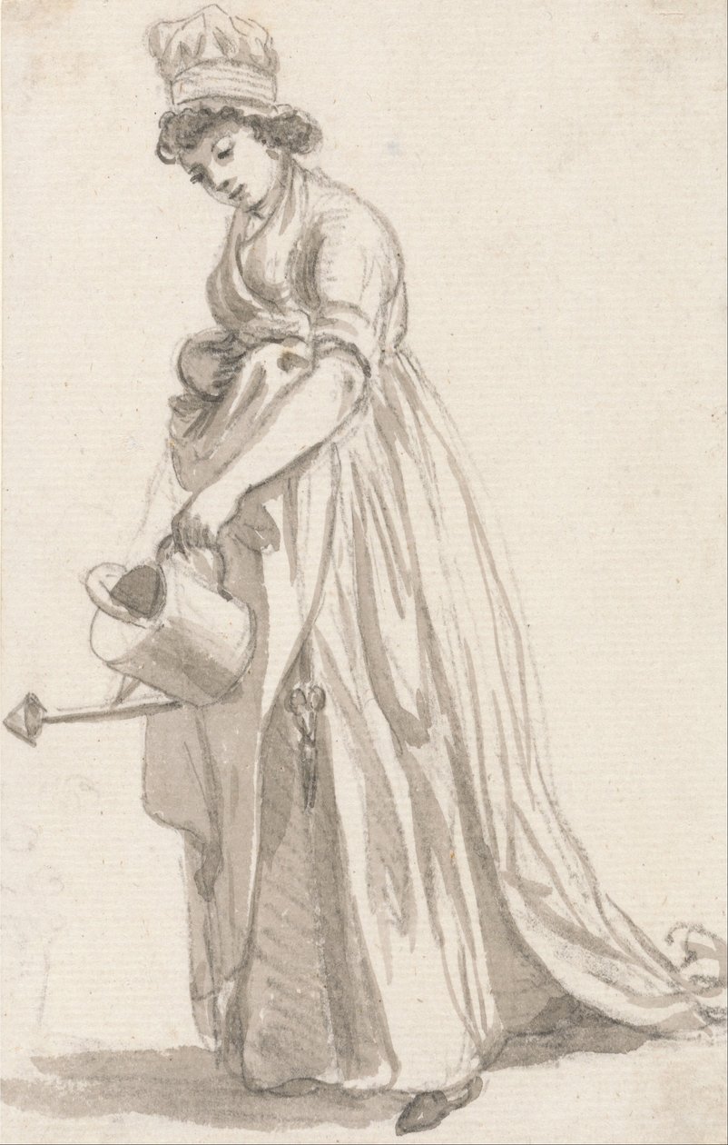 Ein Mädchen mit einer Gießkanne nach links: Sarah Hough, Kindermädchen von Mrs. T.P. Sandby von Paul Sandby