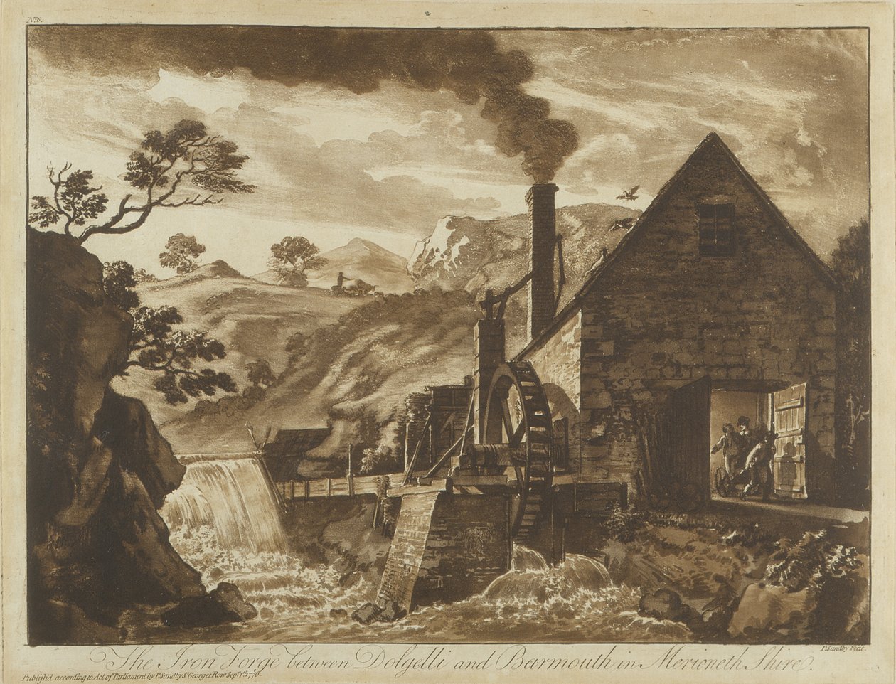 Die Eisenhütte bei Dolgelli und Barmouth in Merionethshire, aus Zwölf Ansichten in Wales, 1776 (Aquatinta) von Paul Sandby
