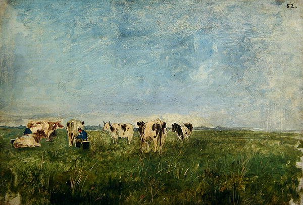 Kühe auf einer Wiese beim Melken von Paul Baum