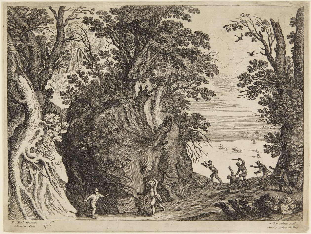 Kampf unter Männern in felsiger Landschaft von Paul Bril