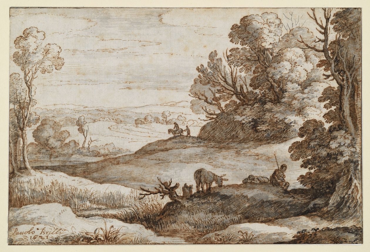 Hügellandschaft mit Bäumen und Ausblick, vorne zwei Männer und ein Esel von Paul Bril