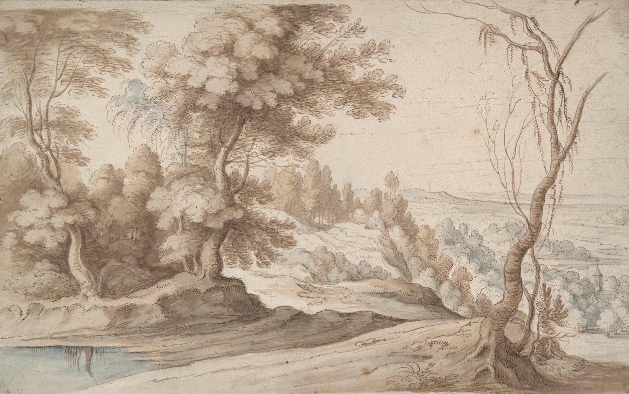 Landschaft mit Bäumen und Blick ins Tal von Paul Bril