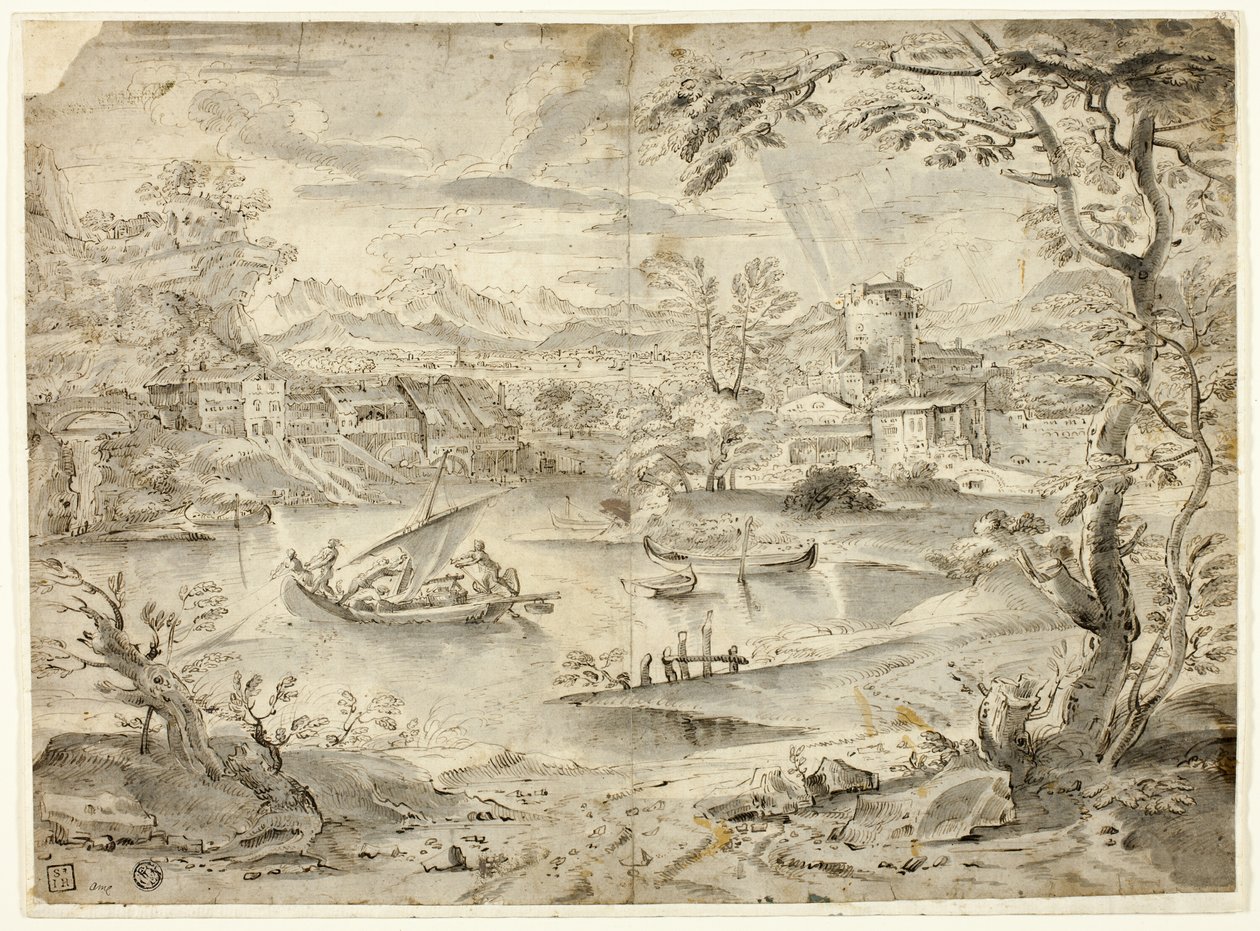 Stadtansicht mit Fischerboot im Vordergrund von Paul Bril
