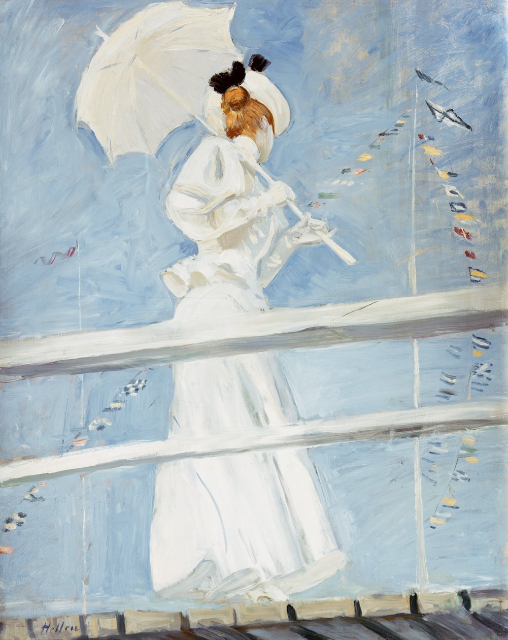 Junge Frau mit Sonnenschirm auf einem Steg von Paul Cesar Helleu