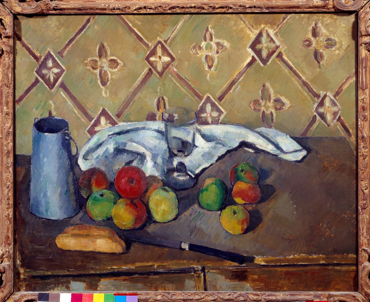 Früchte, Handtuch, Brot und Milchbox. Gemälde von Paul Cézanne (1839-1906) 1880. Paris, Musée de l