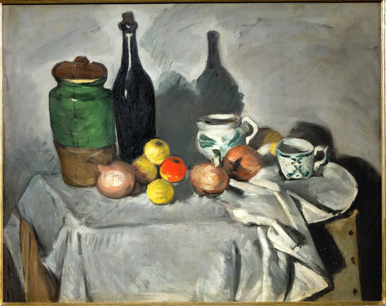 Stillleben: Töpfe, Flasche, Tasse und Obst von Paul Cezanne