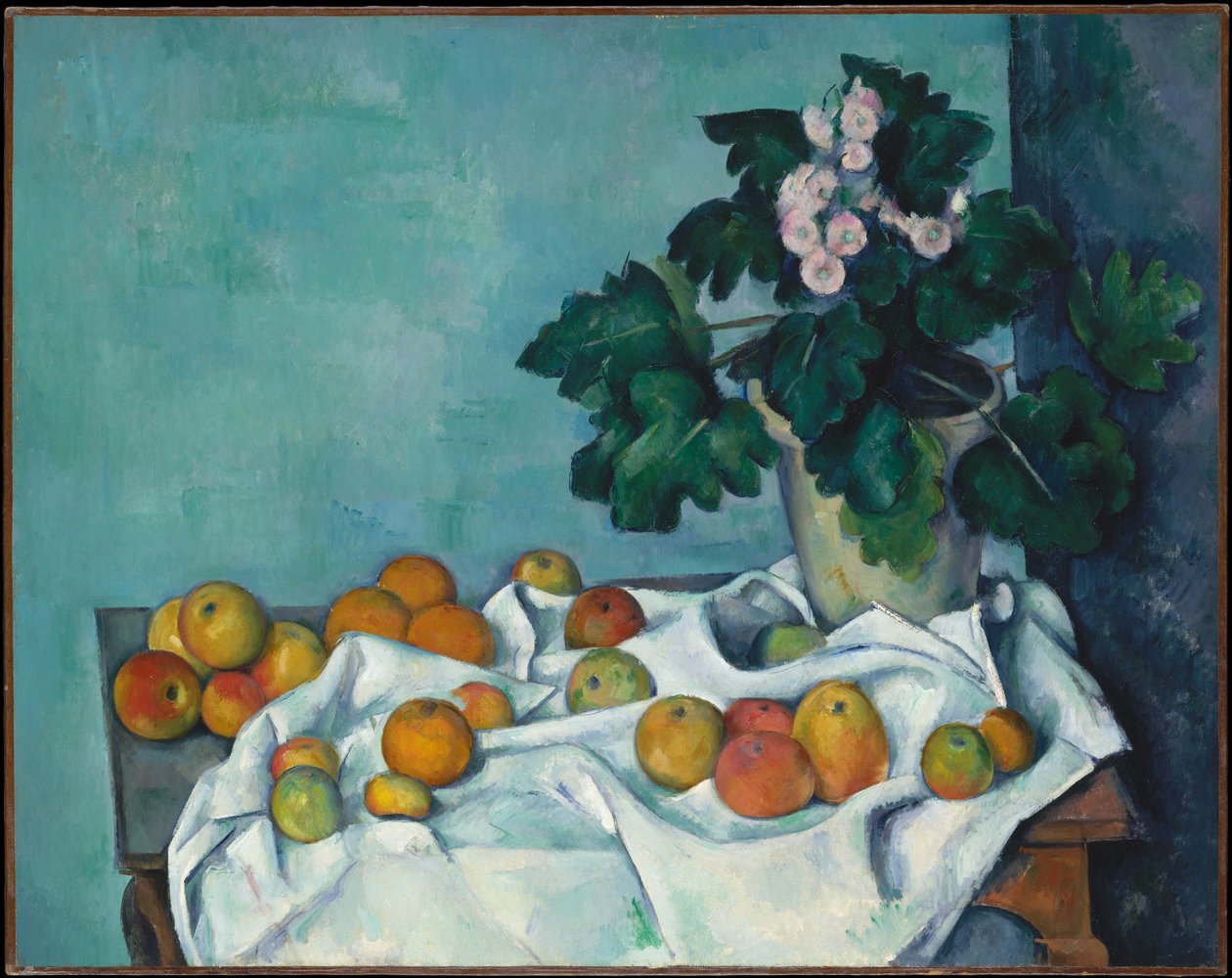 Stillleben mit Äpfeln und einem Topf Primeln von Paul Cézanne