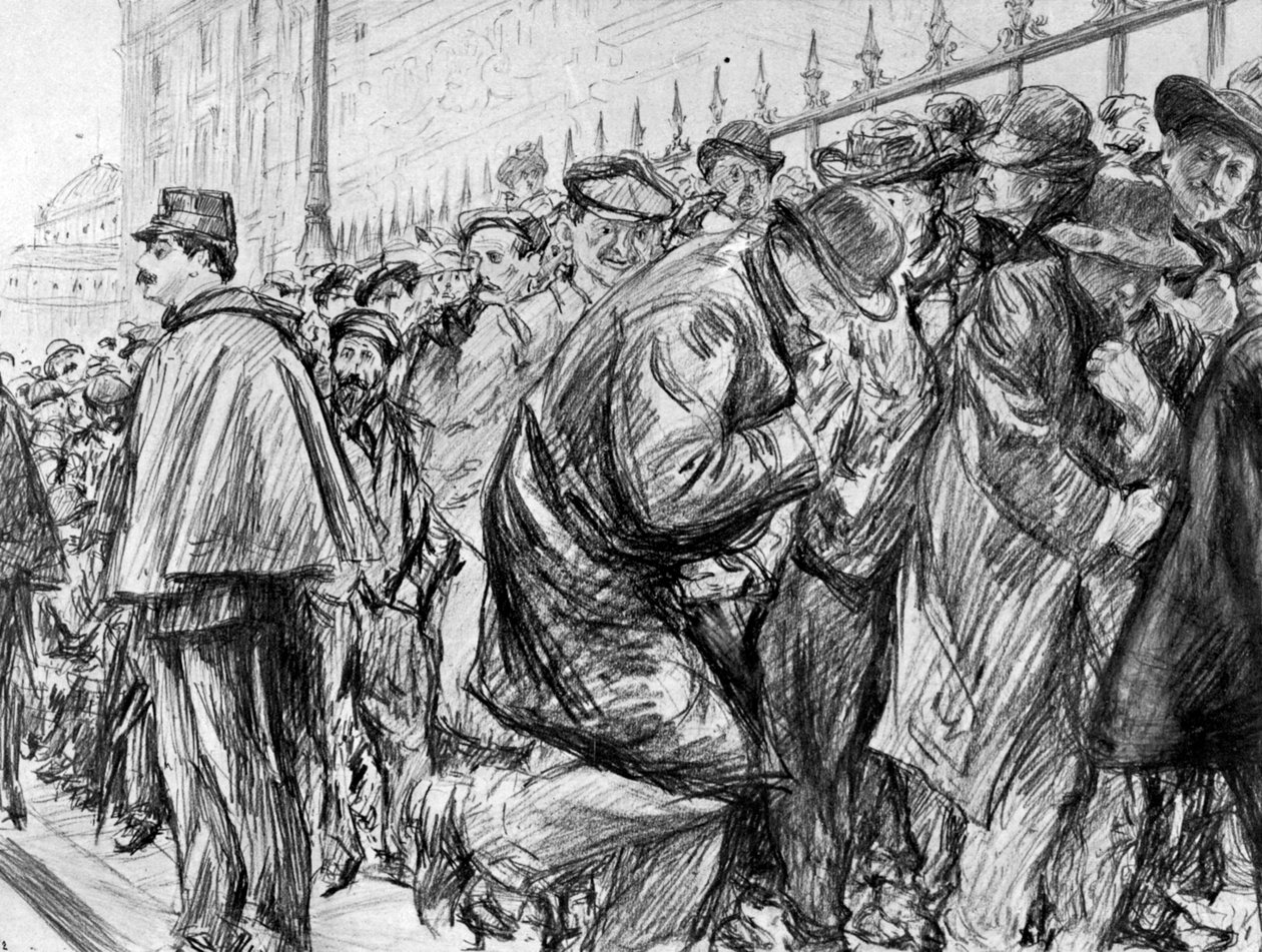 Schlange vor dem Palais de Justice während des Prozesses gegen Marguerite Steinheil, Paris, Frankreich, 1909 von Paul Charles Renouard