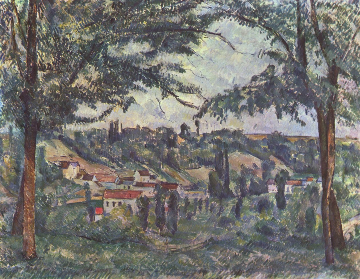 Das Dorf Pâtis in Pontoise, eingerahmt von Bäumen von Paul Cézanne