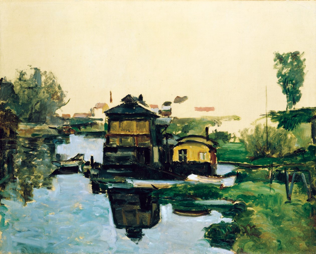 Schwimmende Häuser auf einem Fluss von Paul Cézanne