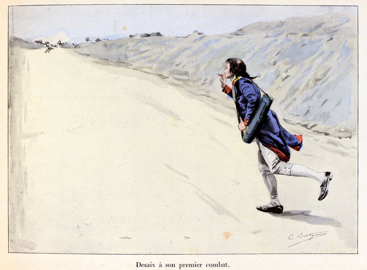 Desaix hat seinen ersten Kampf: Charles Antoine Desaix de Veygoux (1768-1800) nimmt einen Gefangenen in Landau in der Pfalz (Deutschland) gefangen, während die Armee sich zurückzieht - Illustration von Emile Boutigny (1853-1929) in „Hoche-Marceau-Desaix“ v von Paul Émile Boutigny