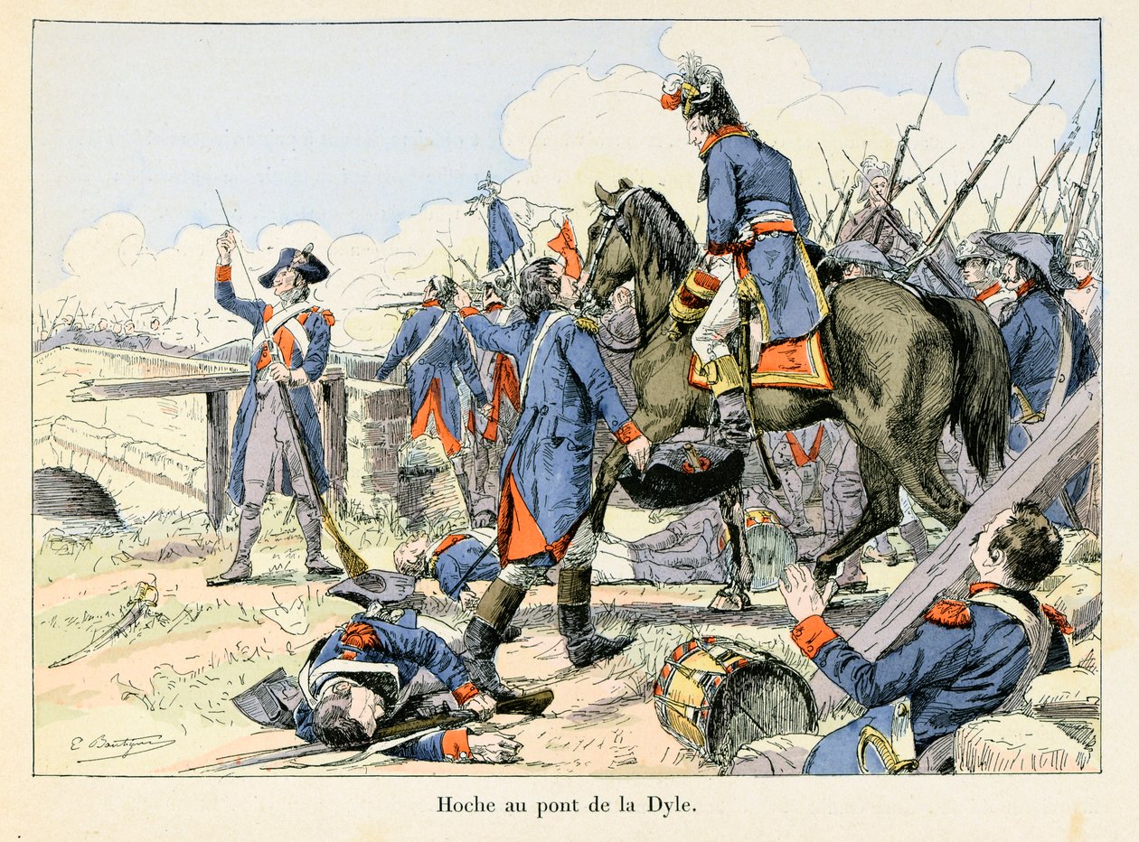 Hoche an der Brücke von Dyle: Im März 1793 deckte Lazare Hoche den Rückzug beim Übergang der Dyle vor Leuven (Belgien) gegen die Österreicher - Illustration von Emile Boutigny in „Hoche-Marceau-Desaix“ von Theodore Cahu von Paul Émile Boutigny