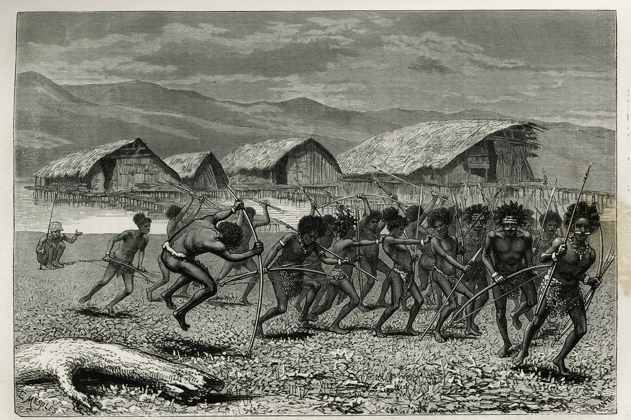 Abstieg der Papus Arfaks Krieger in Dorey (Neuguinea), Gravur von E. Mesples, zur Illustration der Reise nach Neuguinea von Achille Raffray, beauftragt mit einer wissenschaftlichen Mission durch das Ministerium für öffentliche Bildung, 1876-1877, veröffent von Paul Eugene (after) Mesples