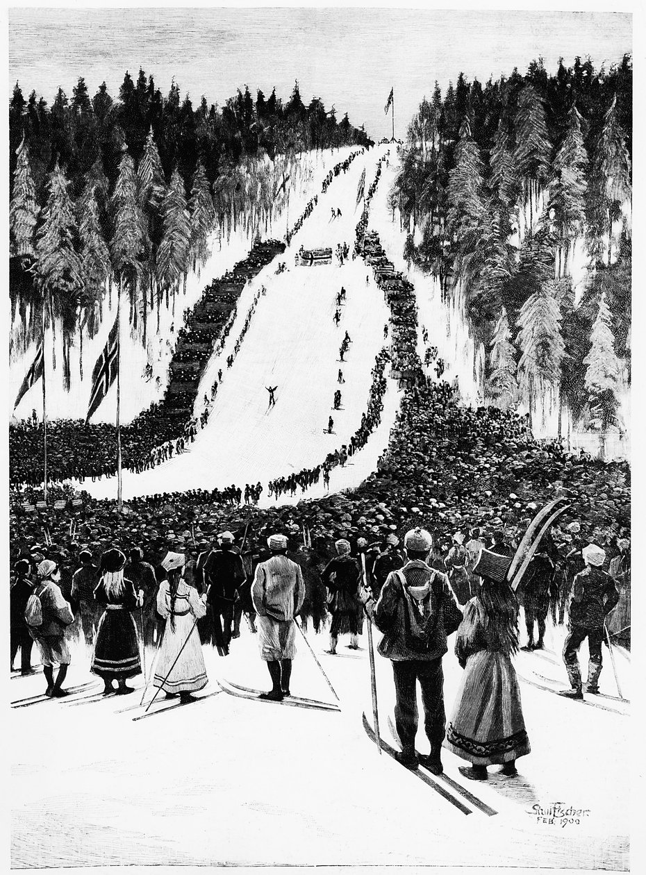 Ski: Das norwegische Derby, das Skirennen - Zeichnung von Paul Fisher, Feb. 1900, Bibl. des Arts Deco von Paul Fischer