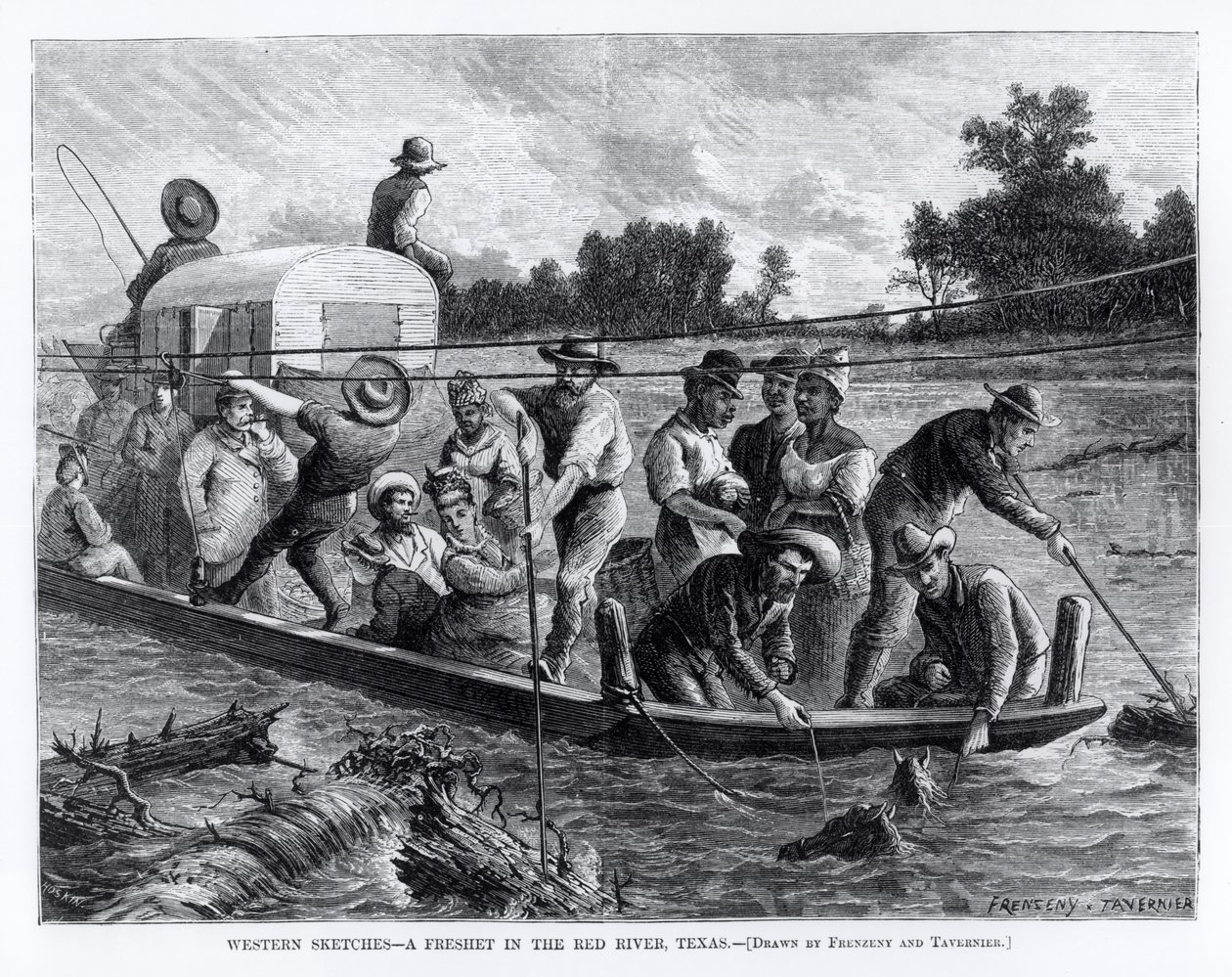 Westliche Skizzen, ein Hochwasser im Red River, Texas, Illustration aus 